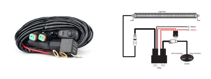 LED light bar wiring harness kit with switch, relay, fuse, and dual connectors beside a wiring diagram for battery and relay installation.